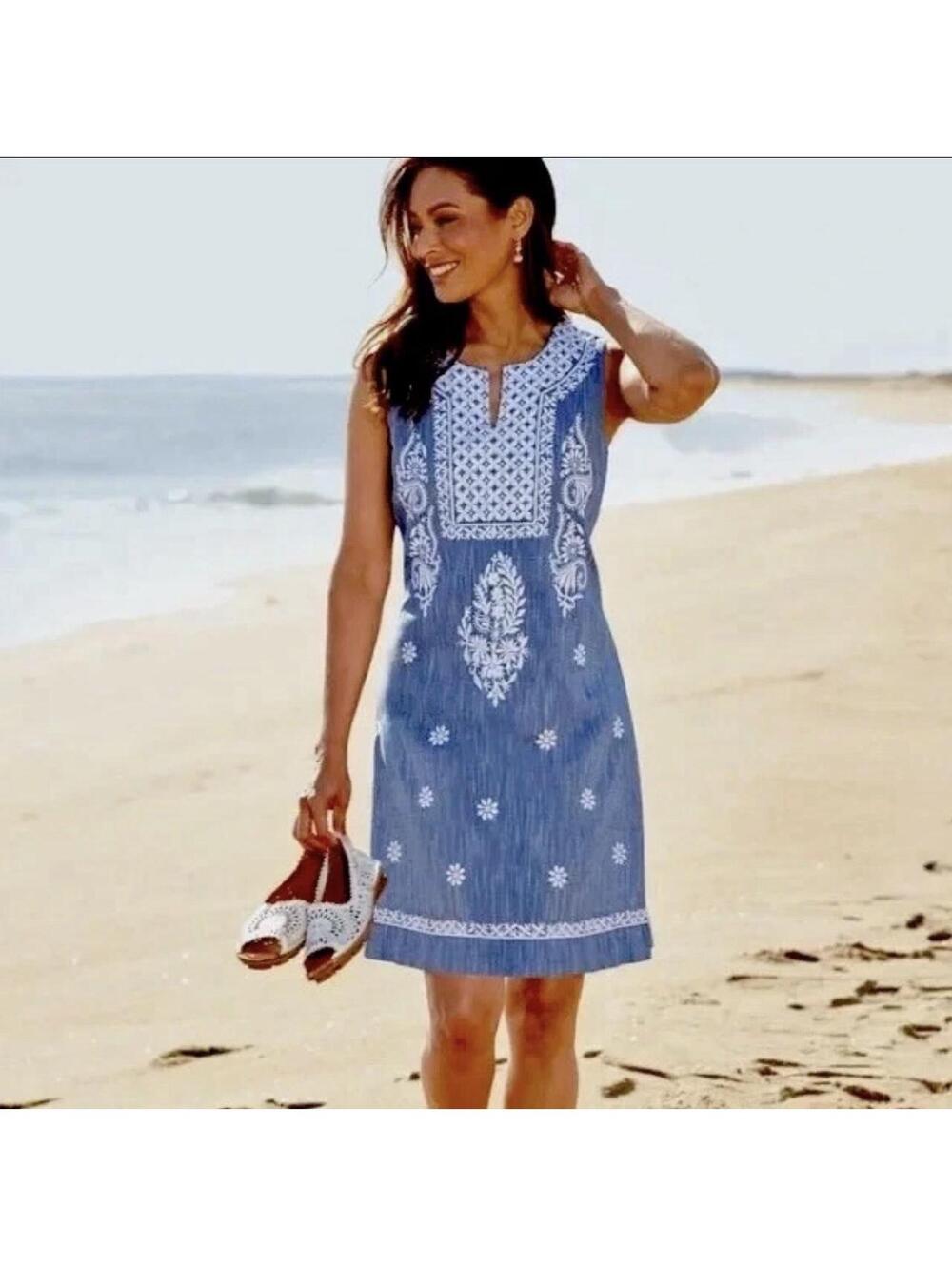 ROLLER RABBIT Faith Dress Blue chambray w/ White floral embroidery Size S